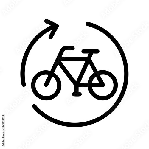 Minimalist bicycle sharing icon with circular arrow, black line art bike rental symbol, eco-friendly urban transportation vector graphic