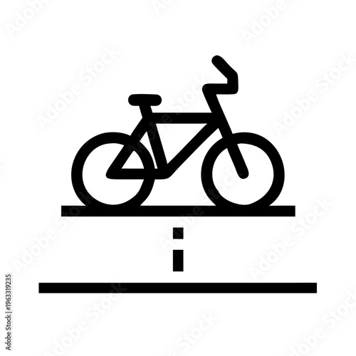 Minimalist bicycle lane icon vector, black outline bike on road symbol, urban cycling path signage for city infrastructure and navigation maps