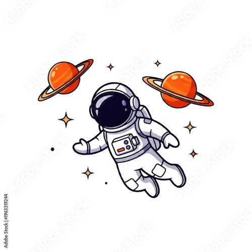 Vector flat design illustration of a cute astronaut floating in space among planets and stars with a sense of wonder