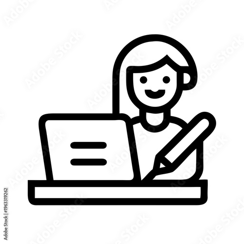Minimalist line icon of female student studying with laptop and pen, girl working on computer at desk, remote learning and education vector
