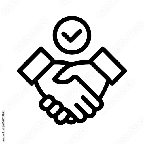 Business handshake icon with check mark, professional partnership and agreement symbol, black line vector illustration for success and trust