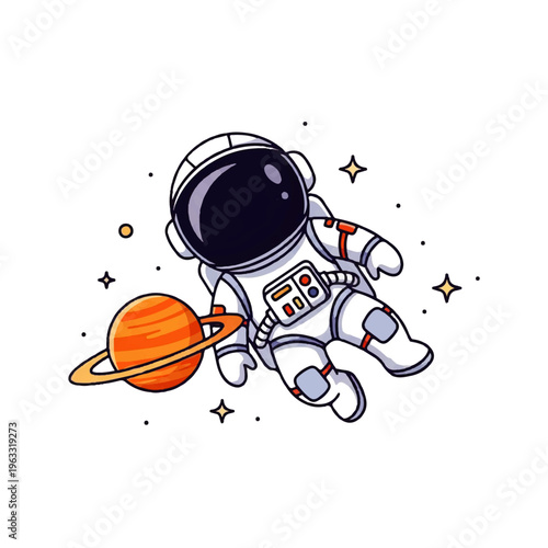 Vector flat design illustration of a cute astronaut floating in space next to a ringed planet with stars