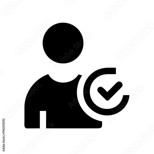 Verified user icon in minimalist black vector style, profile avatar with checkmark symbol, authenticated person silhouette for web interface
