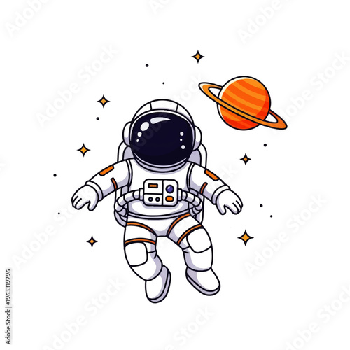 Vector flat design illustration of a cute astronaut floating in space near a ringed planet with stars
