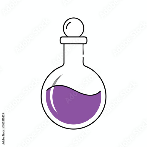 Simple illustration of a round flask with purple liquid and a stopper