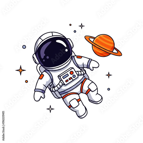 Vector flat design illustration of a cute astronaut floating in space near a ringed planet with stars