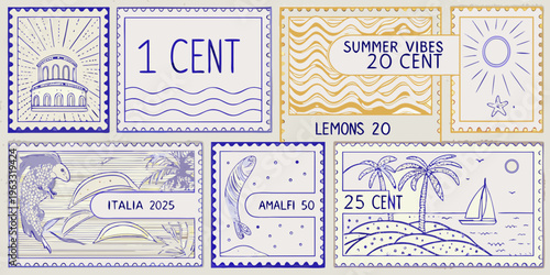 Collection of illustrated postage stamps with various travel and summer themes