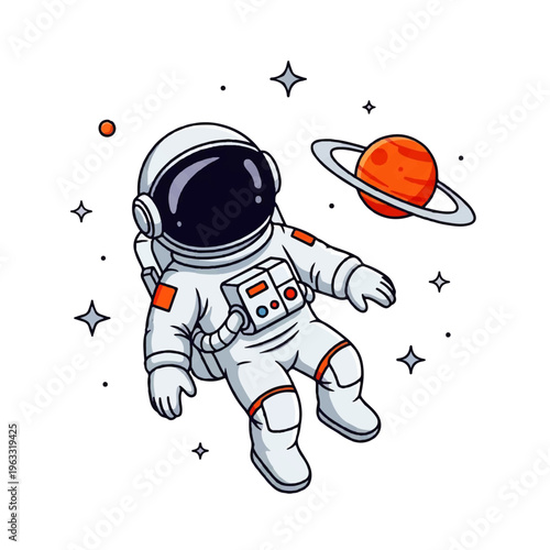 Vector flat design illustration of a cute astronaut floating in outer space near a ringed planet and stars