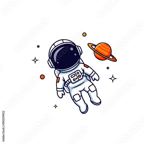 Vector flat design illustration of an astronaut floating in space near a planet with stars and sparkles