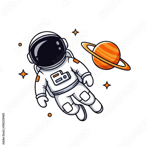 Vector Flat Design Illustration of a cute astronaut floating in space near a ringed planet with stars