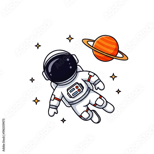 Vector flat design illustration of a cute astronaut floating in space near a ringed planet and stars