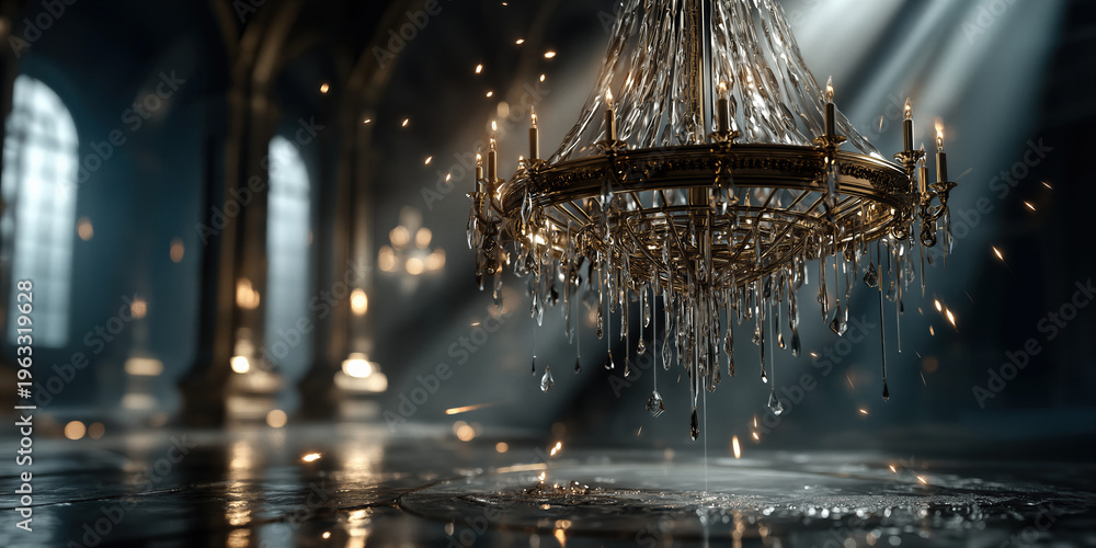 Obraz premium Ceremonial gathering in stately hall with glittering chandeliers and vintage grandeur