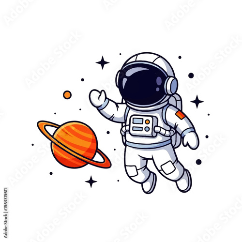 Vector flat design illustration of a cute astronaut floating in space near a ringed planet with stars
