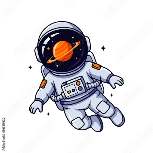 Vector flat design illustration of a cute astronaut floating in outer space with a planet reflected in the helmet