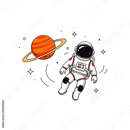 Vector flat design illustration of an astronaut floating in space near a ringed planet with stars