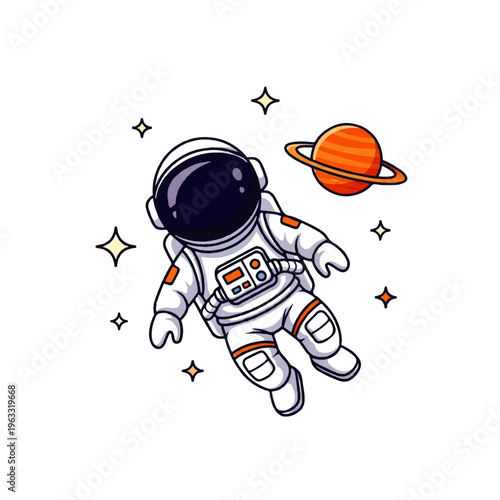 Vector flat design illustration of a cute astronaut floating in space near a ringed planet and stars