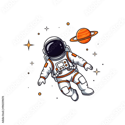 Vector flat design illustration of an astronaut floating in space with stars and a planet, representing exploration