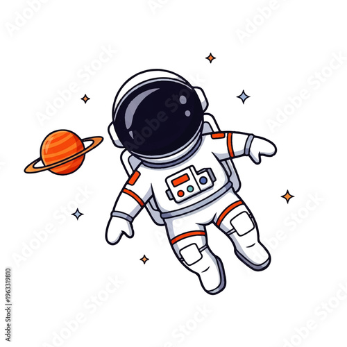Vector flat design illustration of a cute astronaut floating in space next to a ringed planet, with stars