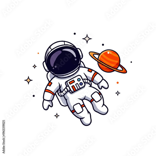Vector flat design illustration of a cute astronaut floating in space next to a ringed planet and stars
