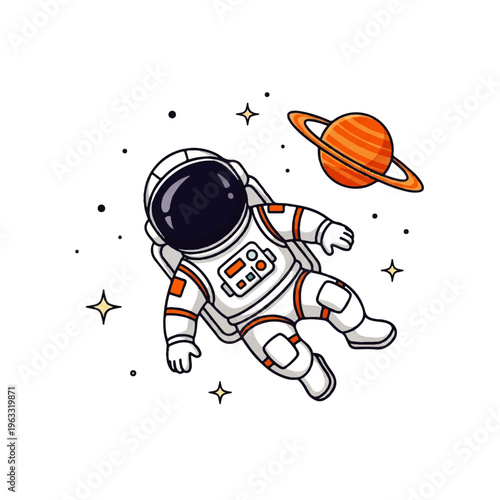 Vector flat design illustration of an astronaut floating in space near a ringed planet and stars