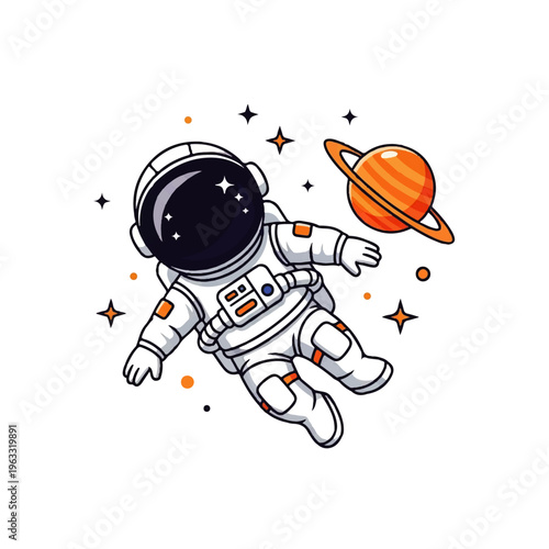 Vector flat design illustration of a cute astronaut floating in space with stars and a planet