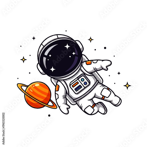 A charming vector flat design illustration of an astronaut floating in space next to a colorful planet with rings
