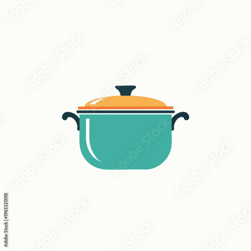 Turquoise pot with orange lid and black handles on a light background