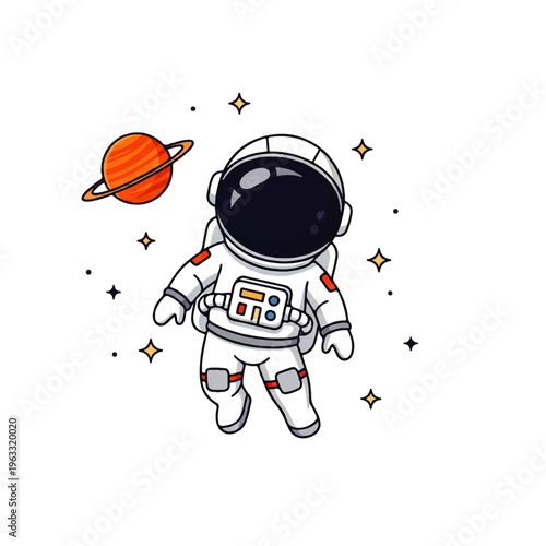 Vector flat design illustration of a cute astronaut floating in space near a planet and stars