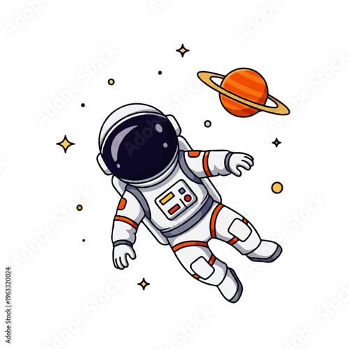 Vector flat design illustration of a cute astronaut floating in outer space near a colorful planet and stars