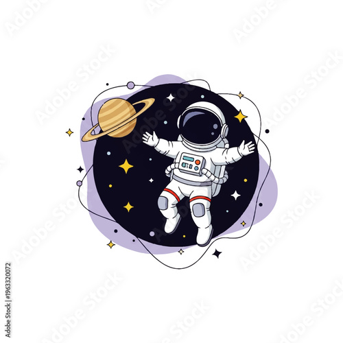 A stylized astronaut floats in space with a planet and stars, depicted in a flat design illustration vector against a white background.