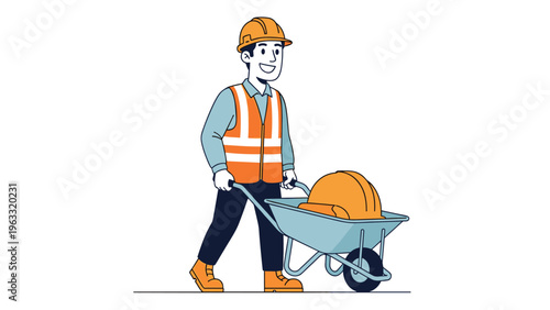Happy construction worker wearing orange safety vest and hard hat pushing wheelbarrow on site ready for building project development.