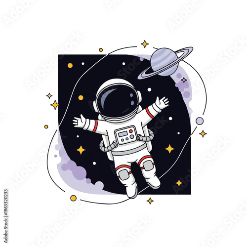Flat design illustration vector of an astronaut floating in space with a planet and stars on a black background.