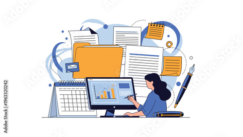 Busy office worker managing high workload of digital documents and files while analyzing data on computer screen in organized workspace.