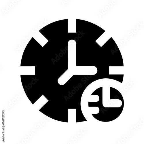 Minimalist clock icon with secondary time zone indicator, black and white time management vector, schedule and deadline symbol for business apps