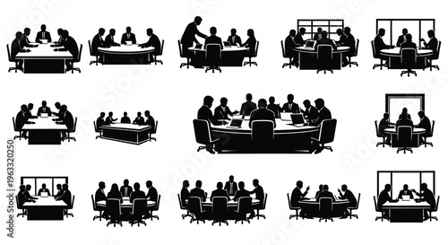 Various office meeting scenes with people sitting around tables in different configurations and positions