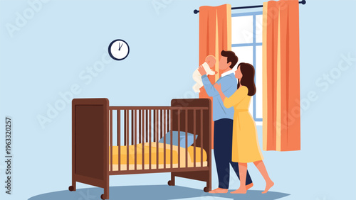 Loving parents standing in nursery room holding their newborn baby near wooden crib while enjoying tender moment of early childhood.
