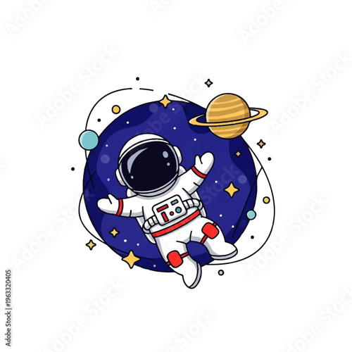Vector flat design illustration of a cute astronaut floating in outer space with planets and stars