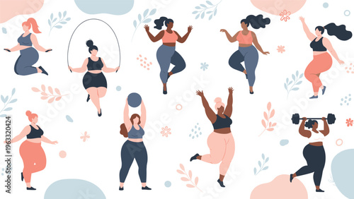 Large group of diverse women with different body types participates in various fitness activities like yoga and lifting weights.