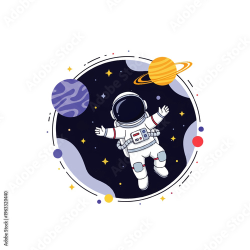 A vector illustration of an astronaut floating in space within a circular frame, surrounded by colorful planets and stars in a flat design style.