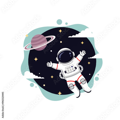 A stylized astronaut floats in space with a planet and stars, created in a modern flat design illustration vector style.