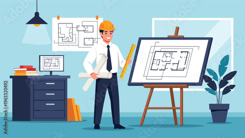 Confident architect stands in his modern office holding rolled blueprints next to a large drafting table and city plans.