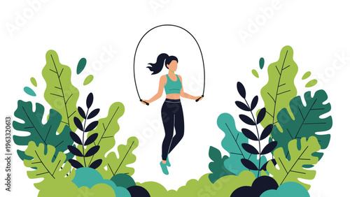 Active woman performs a jump rope workout surrounded by lush green tropical leaves representing health and vitality.