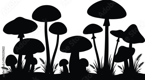 Black mushroom silhouettes in a forest meadow with grass and plants isolated on white background for nature and woodland designs.