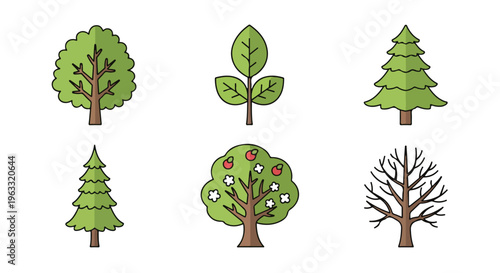 Set of 6 Green Tree and Plant Vector Icons