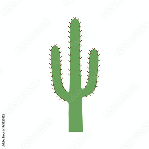 Green cactus with three arms and brown spines, isolated on white