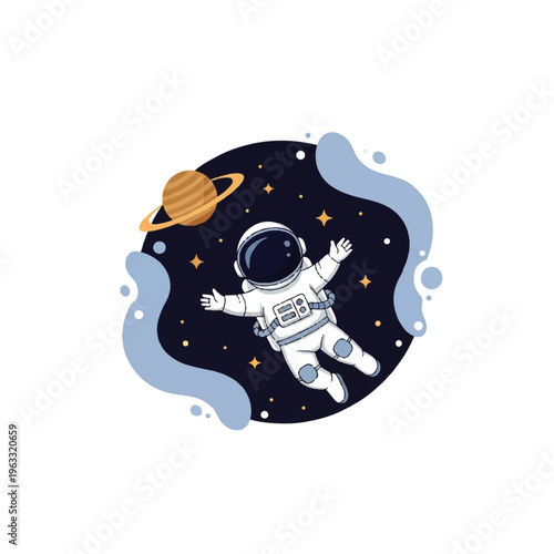 A vector illustration of an astronaut floating in space with a planet and stars, in a flat design style against a white background.