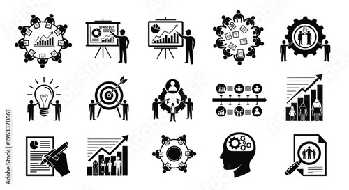 Business strategy and management icons with people graphs and targets on white background