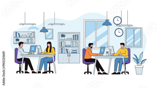 Business professionals work diligently in a spacious modern office environment with workstations and organized bookshelves.