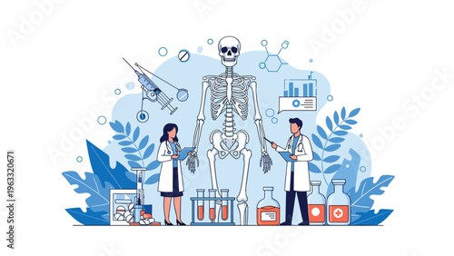 Medical researchers study human anatomy using a skeleton model in a laboratory filled with scientific equipment and tools.