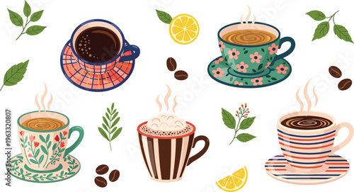 Assorted Coffee Cups with Floral, Striped, and Patterned Designs, Hand-Drawn Vector Illustration for Coffee, Beverage, and Café Decor